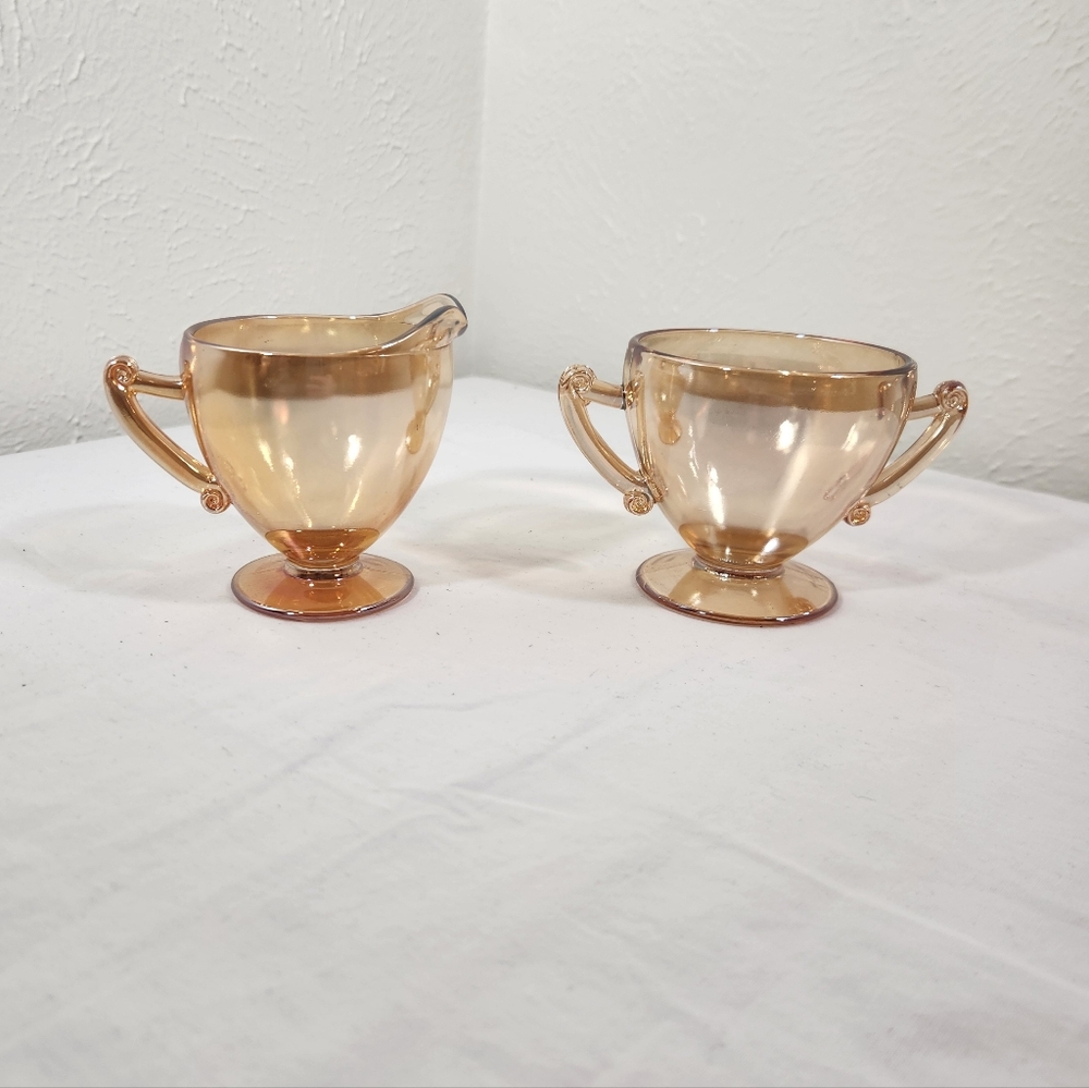 Vintage Jeannette Marigold Iridecent Glass Creamer and Sugar Set